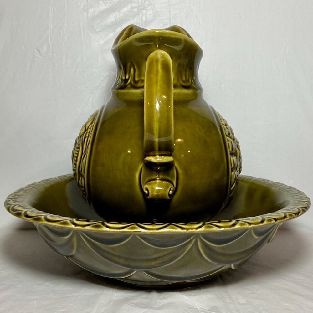 MCM McCoy Pottery #7516 Green Turkey Pitcher w/Bowl Set Embossed 1968 Vintage - Picture 7 of 12